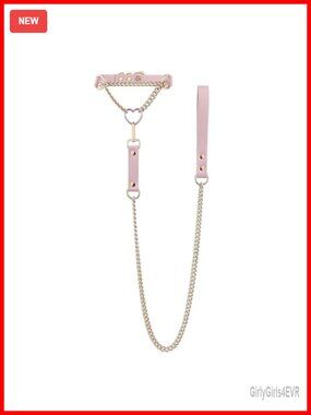 Vegan Leather Choker with 38" Chain Leash, 5-Hole Adjustable, Heart Hardware,